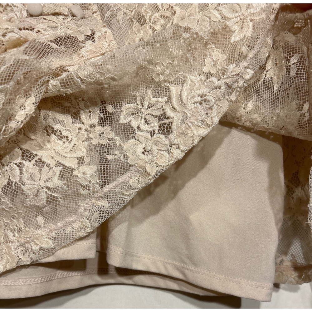 Victorian Beige Floral Lace Ruffle Mock Neck Long Sleeve Blouse Medium Tank - Picture 5 of 8